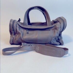 Gray Leather Duffle Bag with shoulder strap 12”W x 5.5”H Excellent Condition